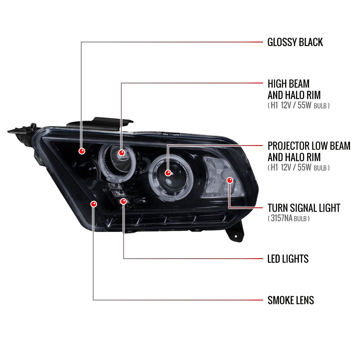 2010-2014 Ford Mustang Dual Halo Projector Headlights (Glossy Black Housing/Smoked Lens)