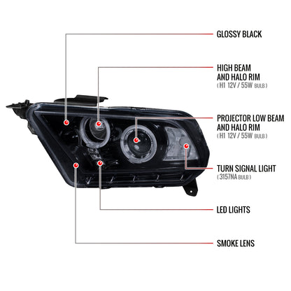2010-2014 Ford Mustang Dual Halo Projector Headlights (Glossy Black Housing/Smoked Lens)