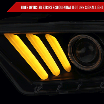 2010-2014 Ford Mustang Sequential LED Bar Projector Headlights w/ Sequential Turn Signal Lights (Matte Black Housing/Clear Lens)