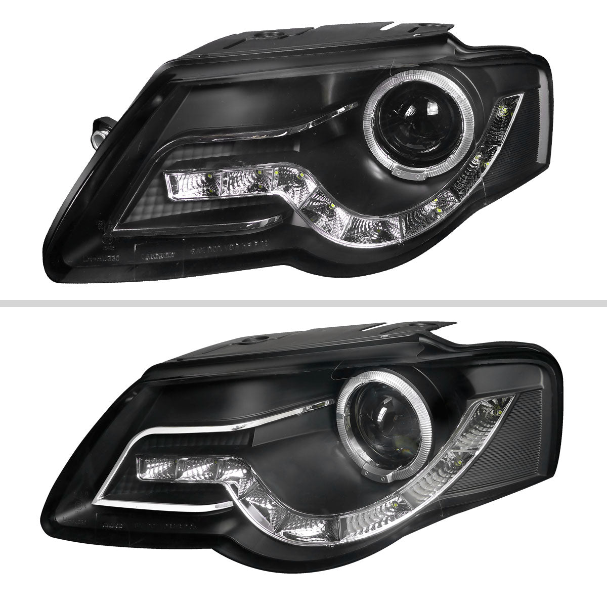 2006-2010 Volkswagen Passat Halo Projector Headlights w/ R8 Style LED Light Strip (Matte Black Housing/Clear Lens)