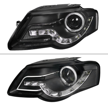 2006-2010 Volkswagen Passat Halo Projector Headlights w/ R8 Style LED Light Strip (Matte Black Housing/Clear Lens)