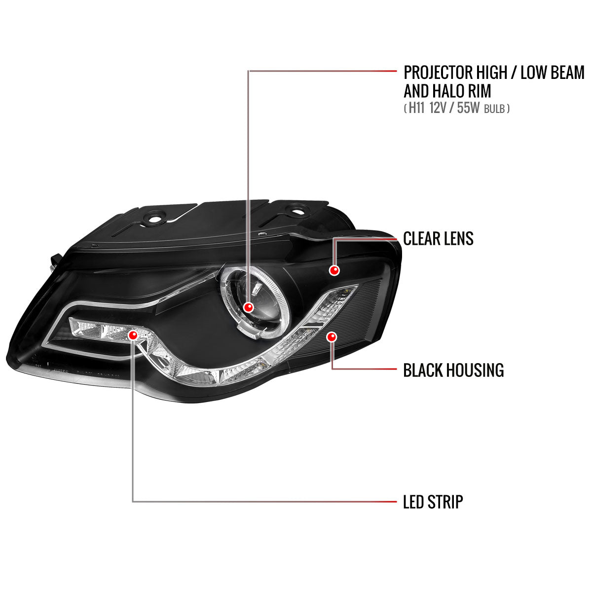 2006-2010 Volkswagen Passat Halo Projector Headlights w/ R8 Style LED Light Strip (Matte Black Housing/Clear Lens)