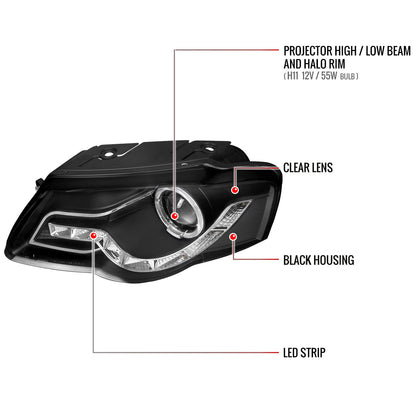 2006-2010 Volkswagen Passat Halo Projector Headlights w/ R8 Style LED Light Strip (Matte Black Housing/Clear Lens)