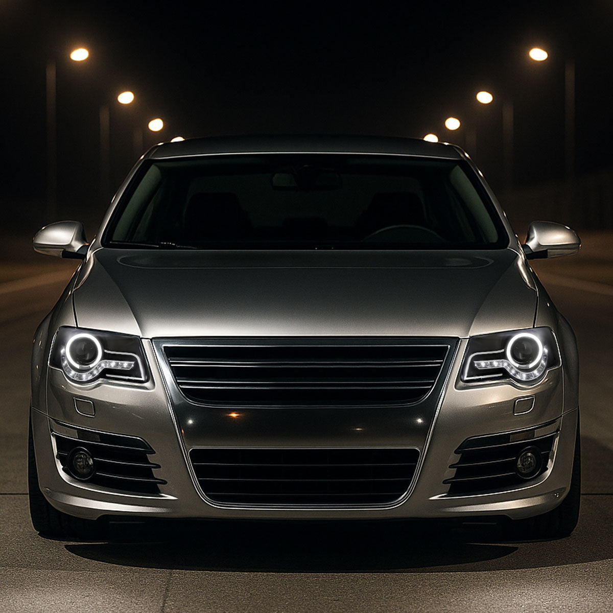 2006-2010 Volkswagen Passat Halo Projector Headlights w/ R8 Style LED Light Strip (Matte Black Housing/Clear Lens)