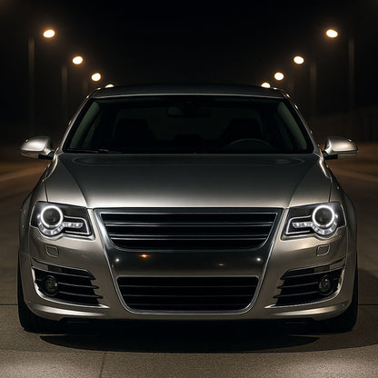 2006-2010 Volkswagen Passat Halo Projector Headlights w/ R8 Style LED Light Strip (Matte Black Housing/Clear Lens)