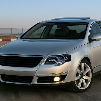 2006-2010 Volkswagen Passat Halo Projector Headlights w/ R8 Style LED Light Strip (Matte Black Housing/Clear Lens)