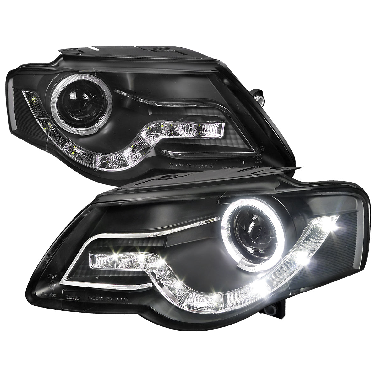 2006-2010 Volkswagen Passat Halo Projector Headlights w/ R8 Style LED Light Strip (Matte Black Housing/Clear Lens)