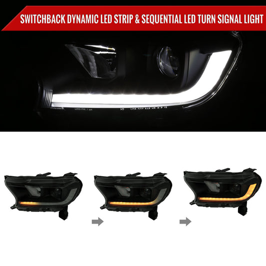 2019-2022 Ford Ranger Switchback Sequential LED Bar Projector Headlights (Matte Black Housing/Smoked Lens)