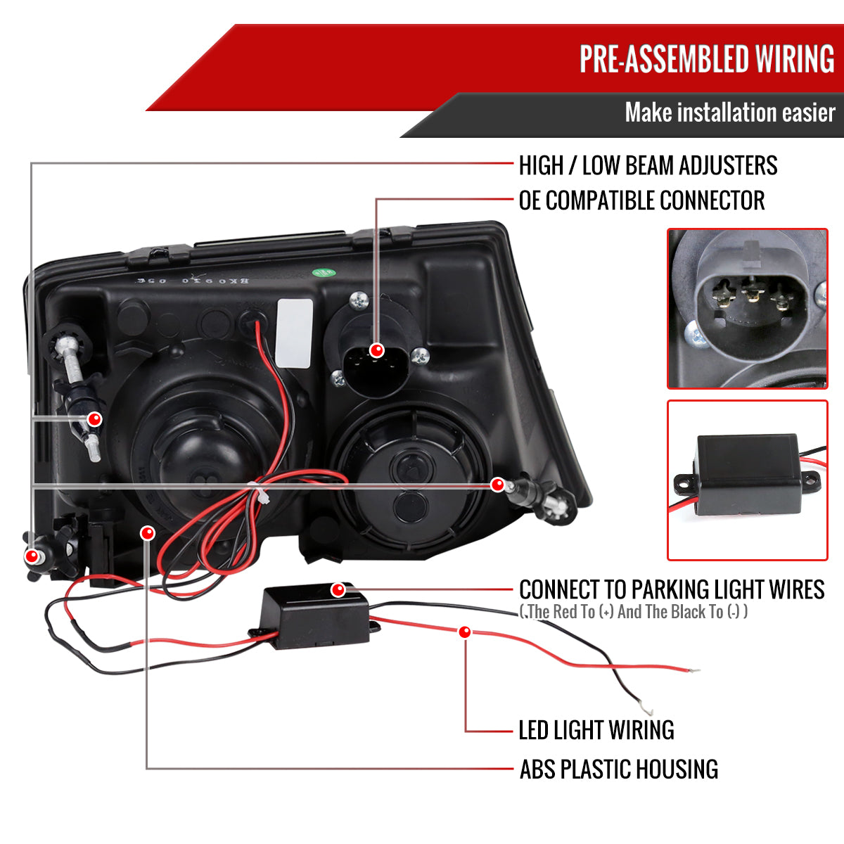 1998-2000 Ford Ranger Halo Projector Headlights (Matte Black Housing/Clear Lens)