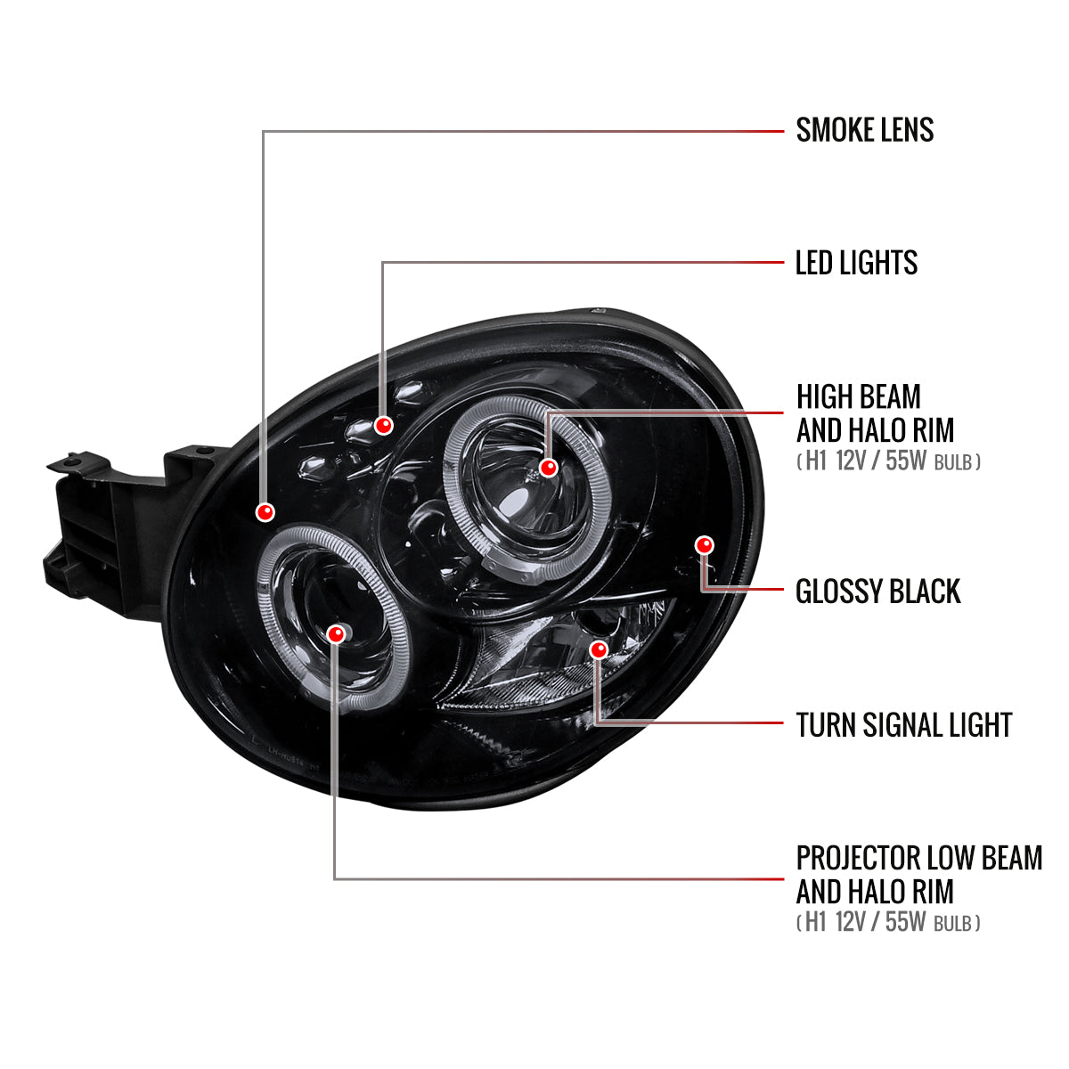 2002-2003 Subaru Impreza Dual Halo Bug Eye Projector Headlights (Glossy Black Housing/Smoked Lens)