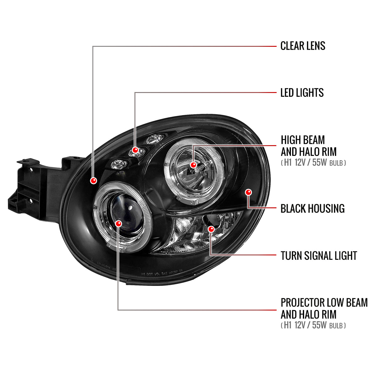 2002-2003 Subaru Impreza Dual Halo Bug Eye Projector Headlights (Matte Black Housing/Clear Lens)