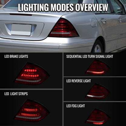 2001-2004 Mercedes Benz W203 C-Class Sequential Turn Signal LED Tail Lights (Chrome Housing/Red Lens)