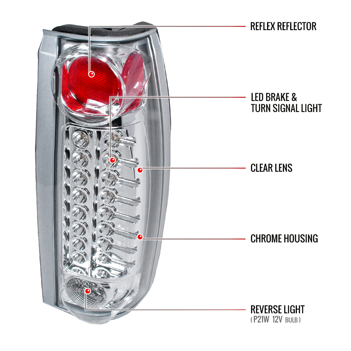 1988-2000 Chevrolet C/K C10/Silverado/Tahoe/Suburban GMC Sierra/Jimmy/Yukon LED Tail Lights (Chrome Housing/Clear Lens)