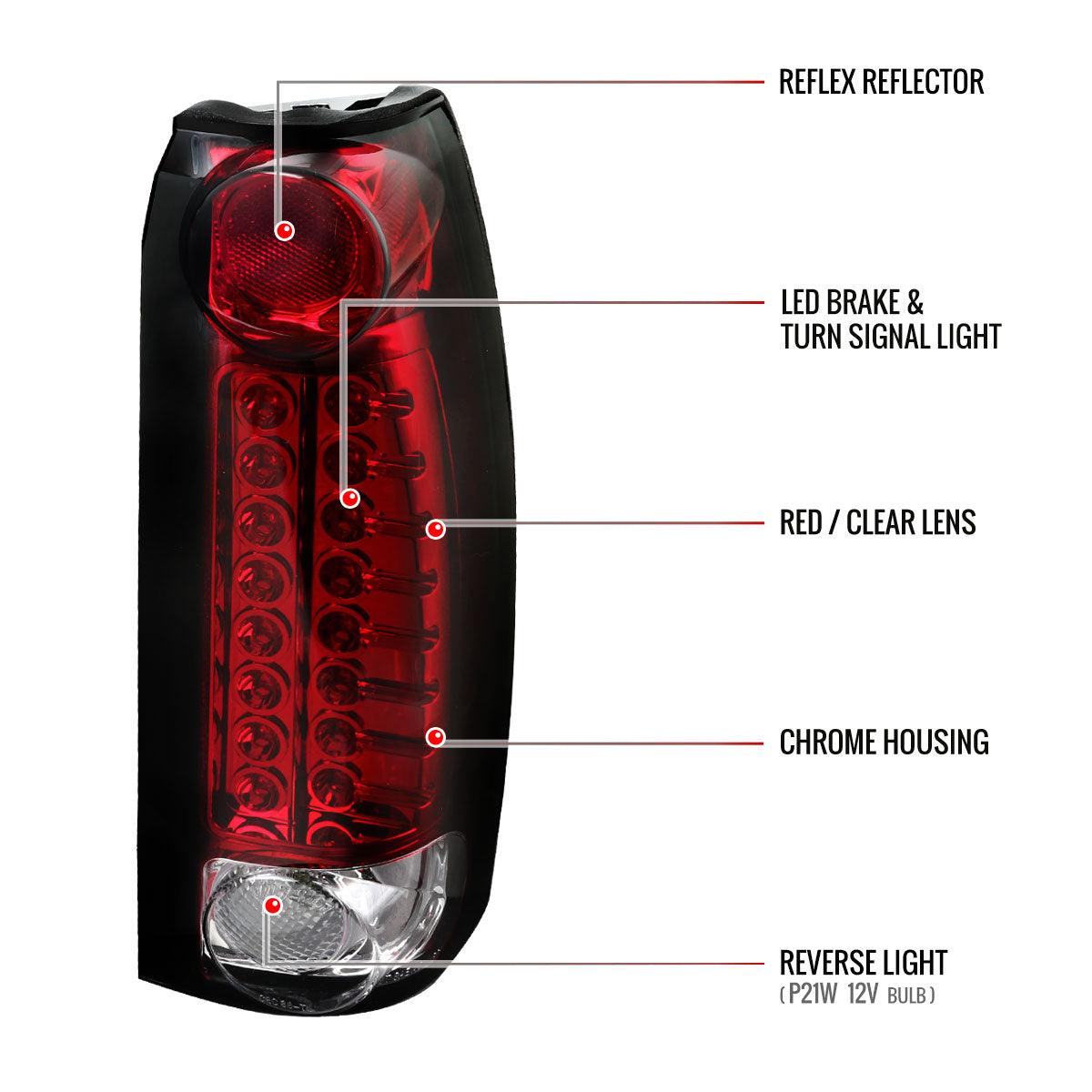 1988-2000 Chevrolet C/K C10/Silverado/Tahoe/Suburban GMC Sierra/Jimmy/Yukon LED Tail Lights (Chrome Housing/Red Clear Lens)