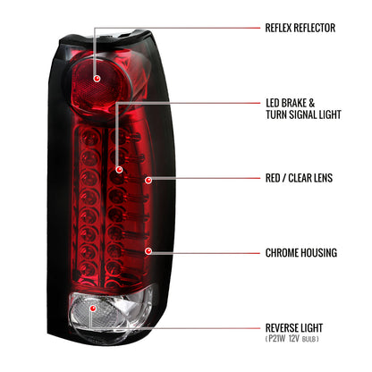 1988-2000 Chevrolet C/K C10/Silverado/Tahoe/Suburban GMC Sierra/Jimmy/Yukon LED Tail Lights (Chrome Housing/Red Clear Lens)