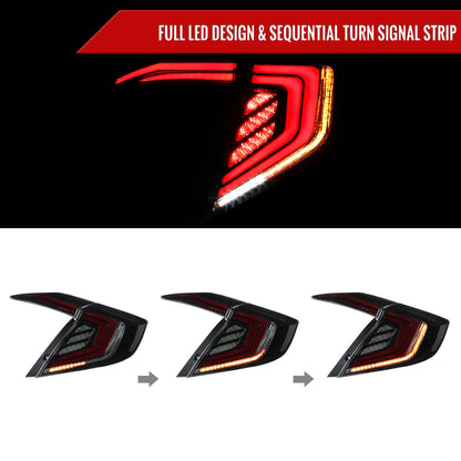 2016-2021 Honda Civic Sedan LED Tail Lights w/ Sequential Turn Signal Lights (Glossy Black Housing/Smoked Lens)