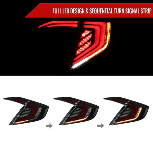 2016-2021 Honda Civic Sedan LED Tail Lights w/ Sequential Turn Signal Lights (Glossy Black Housing/Smoked Lens)