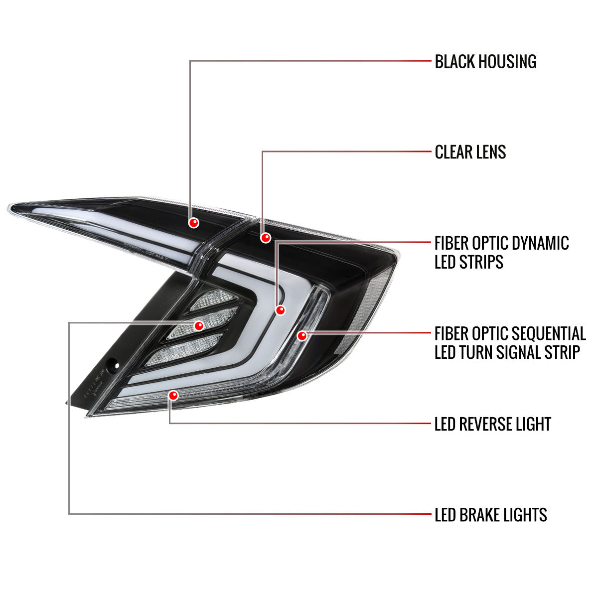 2016-2021 Honda Civic 4DR Sedan White LED Tail Lights w/ Sequential Signal Lamps (Matte Black Housing/Clear Lens)