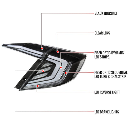 2016-2021 Honda Civic 4DR Sedan White LED Tail Lights w/ Sequential Signal Lamps (Matte Black Housing/Clear Lens)