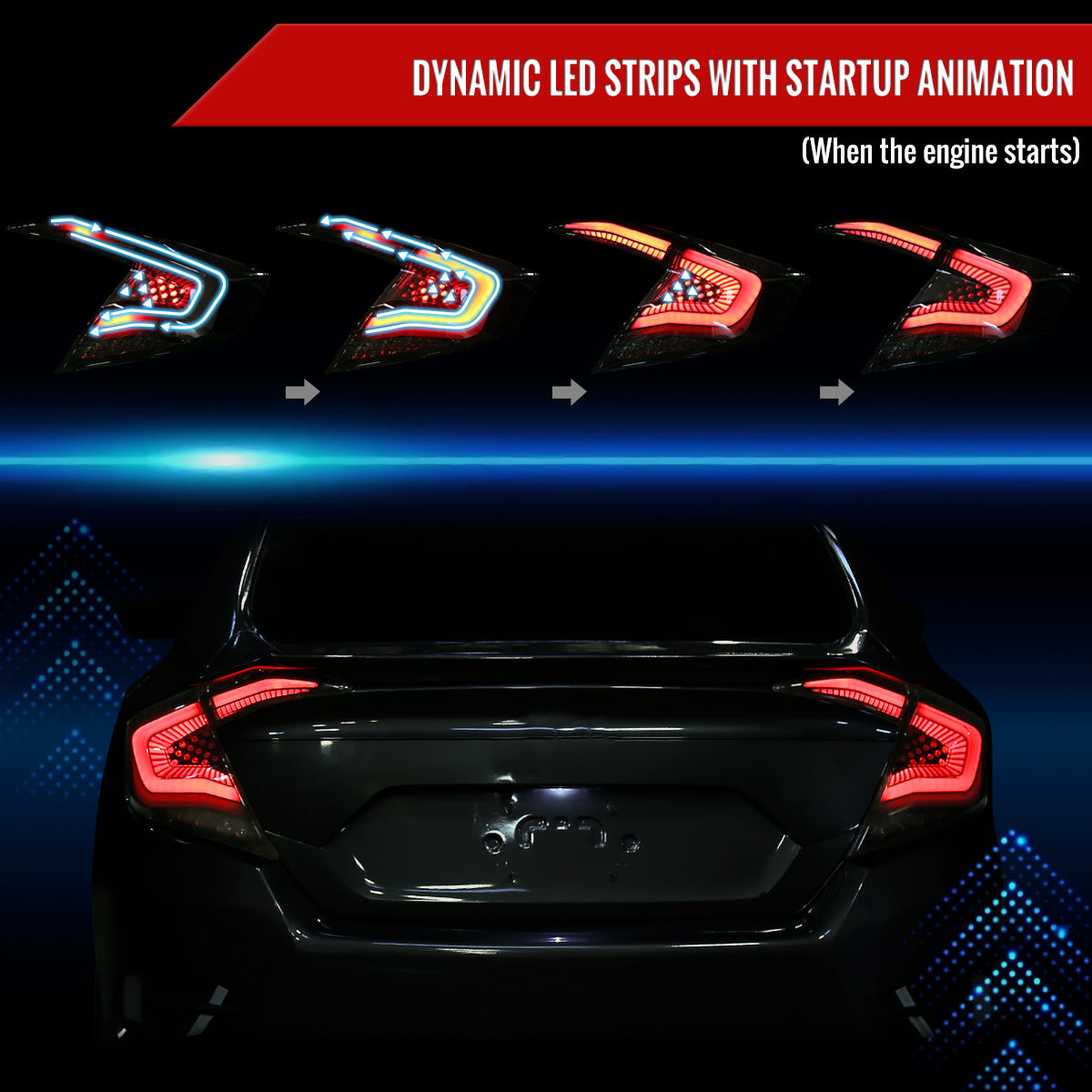 2016-2021 Honda Civic Sedan LED Tail Lights w/ Sequential Signal Lamps (Matte Black Housing/Clear Lens)
