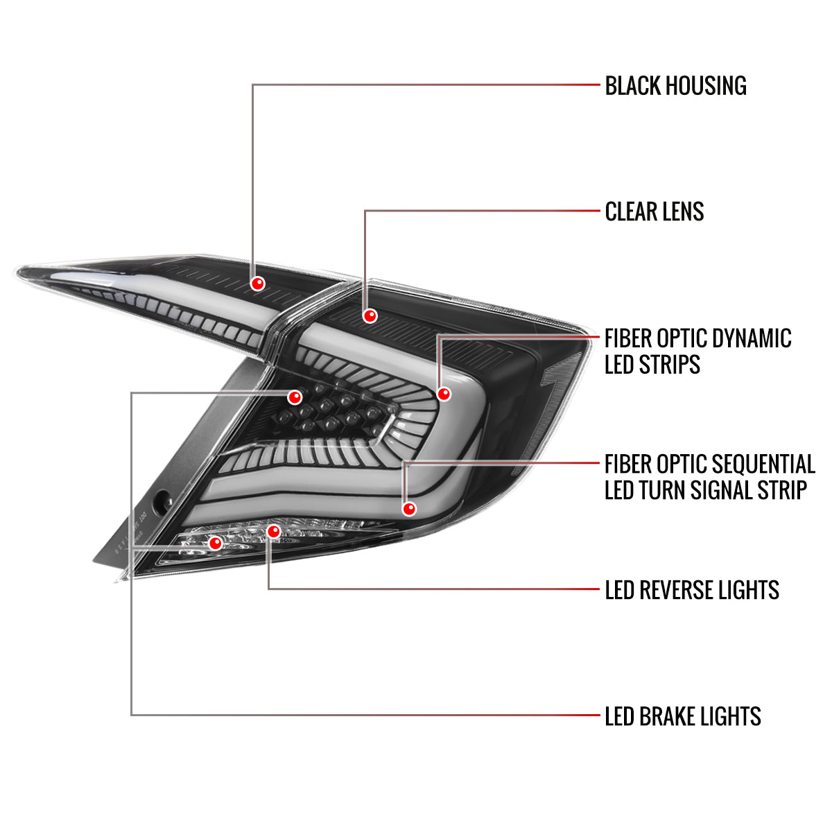 2016-2021 Honda Civic Sedan LED Tail Lights w/ Sequential Signal Lamps (Matte Black Housing/Clear Lens)