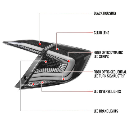 2016-2021 Honda Civic Sedan LED Tail Lights w/ Sequential Signal Lamps (Matte Black Housing/Clear Lens)