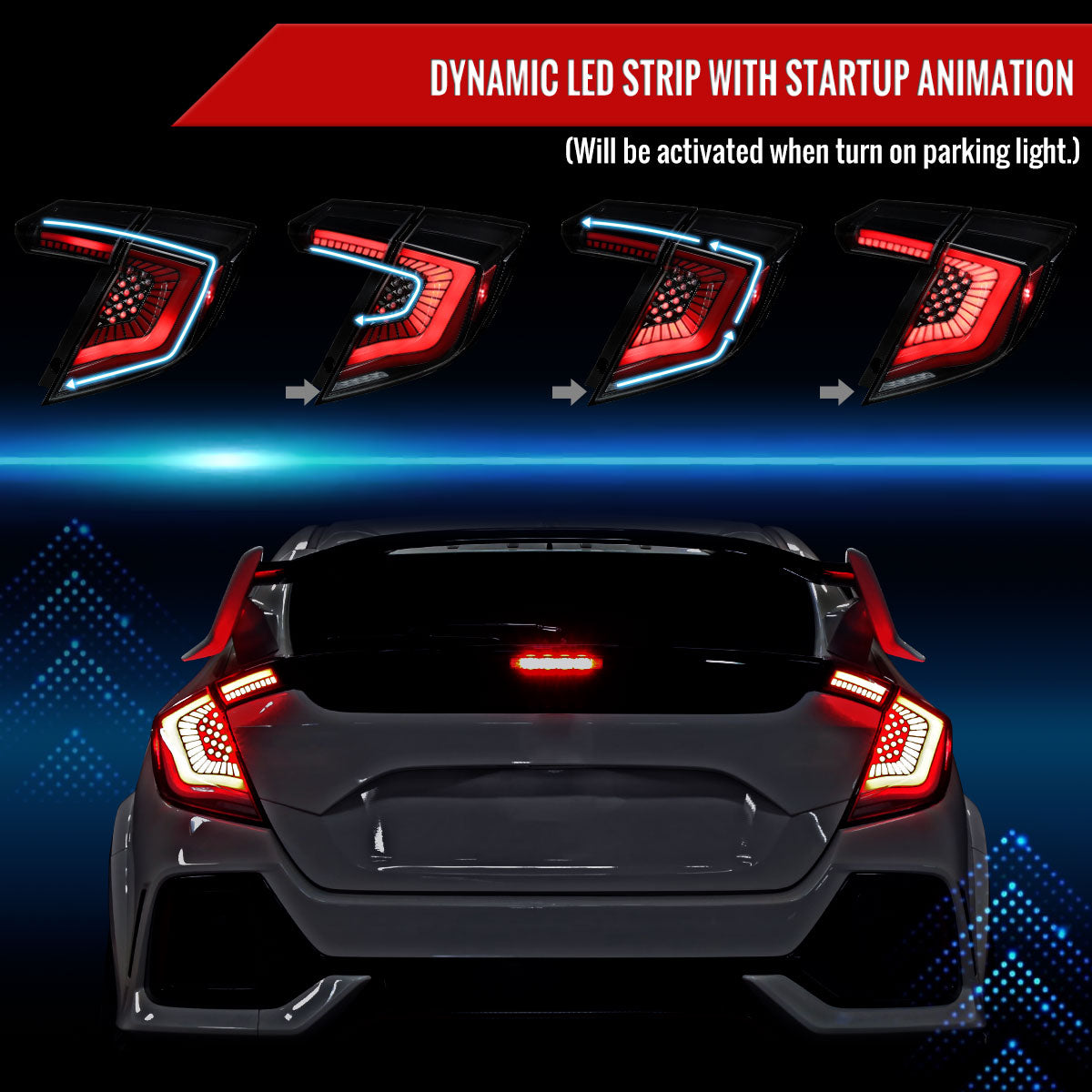 2017-2021 Honda Civic Hatchback LED Sequential Signal Tail Lights (Jet Black Housing/Clear Lens)