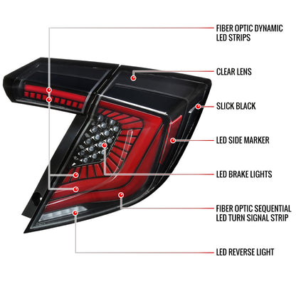 2017-2021 Honda Civic Hatchback LED Sequential Signal Tail Lights (Jet Black Housing/Clear Lens)