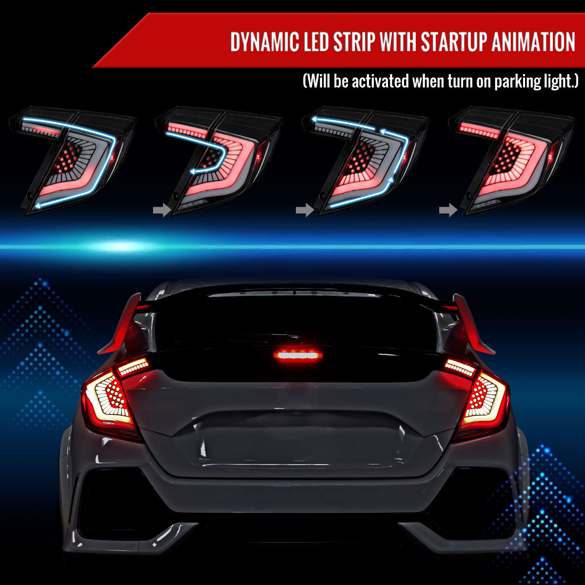 2017-2021 Honda Civic Hatchback Sequential Turn Signal LED Tail Lights (Matte Black Housing/Clear Lens)