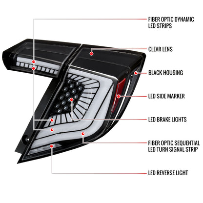2017-2021 Honda Civic Hatchback Sequential Turn Signal LED Tail Lights (Matte Black Housing/Clear Lens)