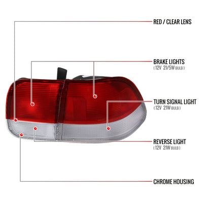 1996-1998 Honda Civic Sedan Tail Lights w/ Bulbs (Chrome Housing/Red Clear Lens)