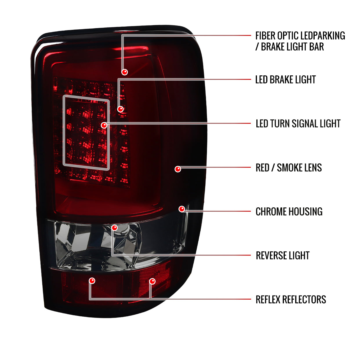 2000-2006 Chevrolet Suburban/Tahoe GMC Yukon/Yukon XL LED C Bar Tail Lights (Chrome Housing/Red Smoked Lens)
