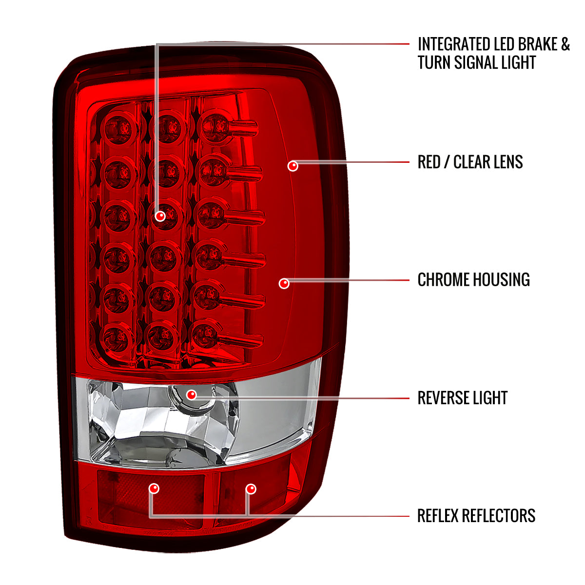 2000-2006 Chevrolet Suburban/Tahoe GMC Yukon/Yukon XL LED Tail Lights (Chrome Housing/Red Clear Lens)