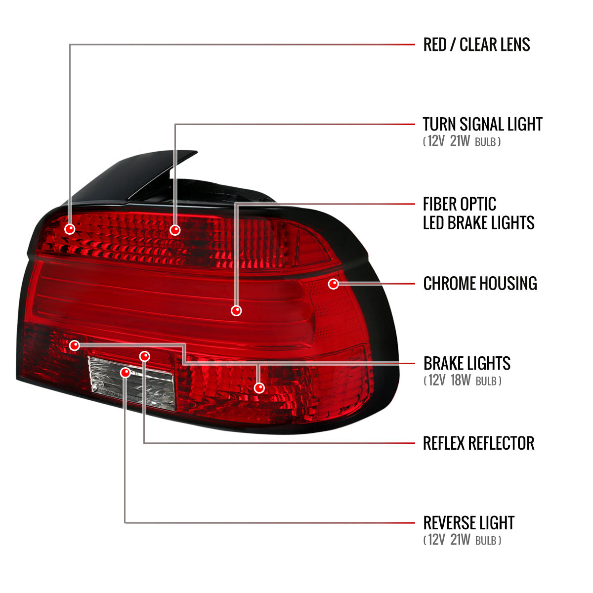 2001-2003 BMW E39 5 Series Sedan LED Tail Lights (Chrome Housing/Red Clear Lens)