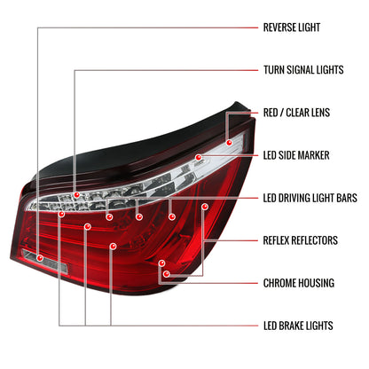 2004-2007 BMW E60 5 Series Sedan LED Tail Lights (Chrome Housing/Red Clear Lens)
