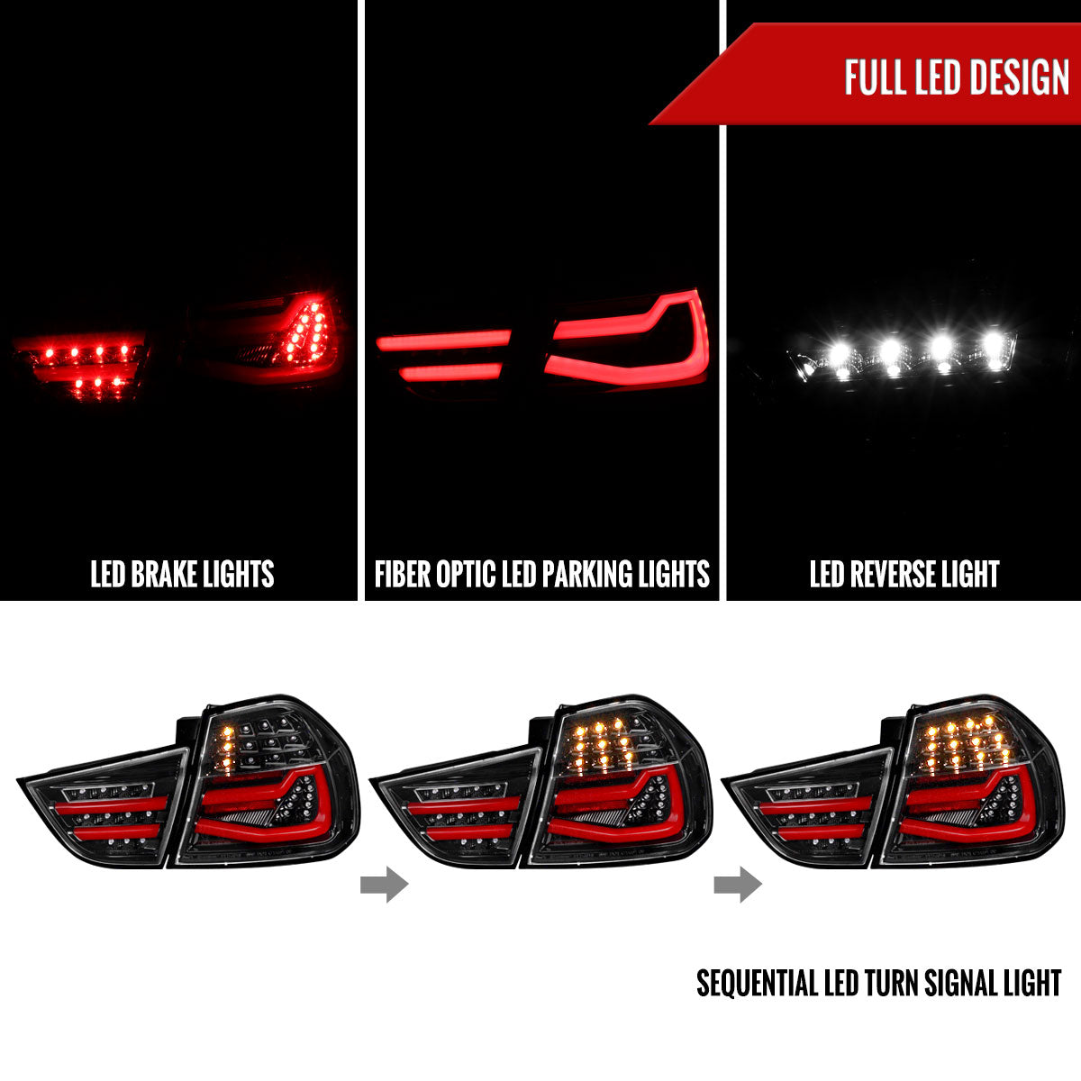 2009-2011 BMW E90 3-Series 4Dr Sedan Red LED Tail Light (Jet Black Housing/Clear Lens)