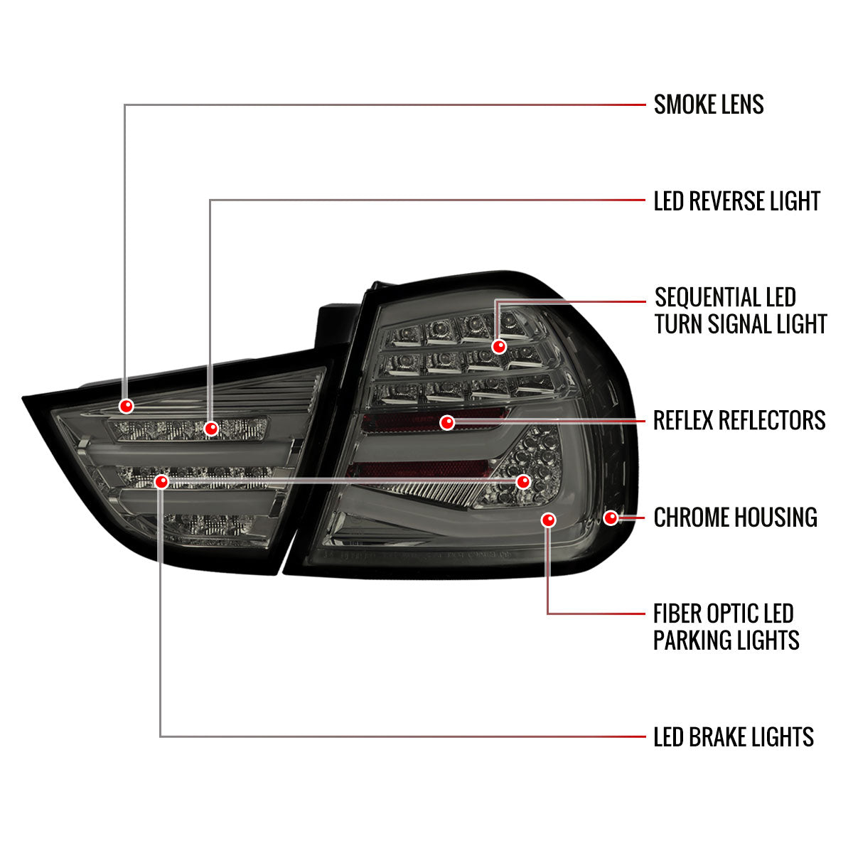 2009-2011 BMW E90 3-Series 4Dr Sedan Red LED Tail Light (Chrome Housing/Smoked Lens)