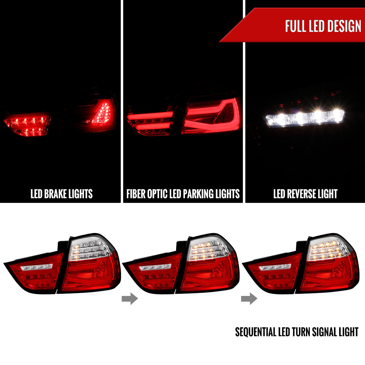 2009-2011 BMW E90 3-Series 4Dr Sedan Red LED Tail Light (Chrome Housing/Red Clear Lens)