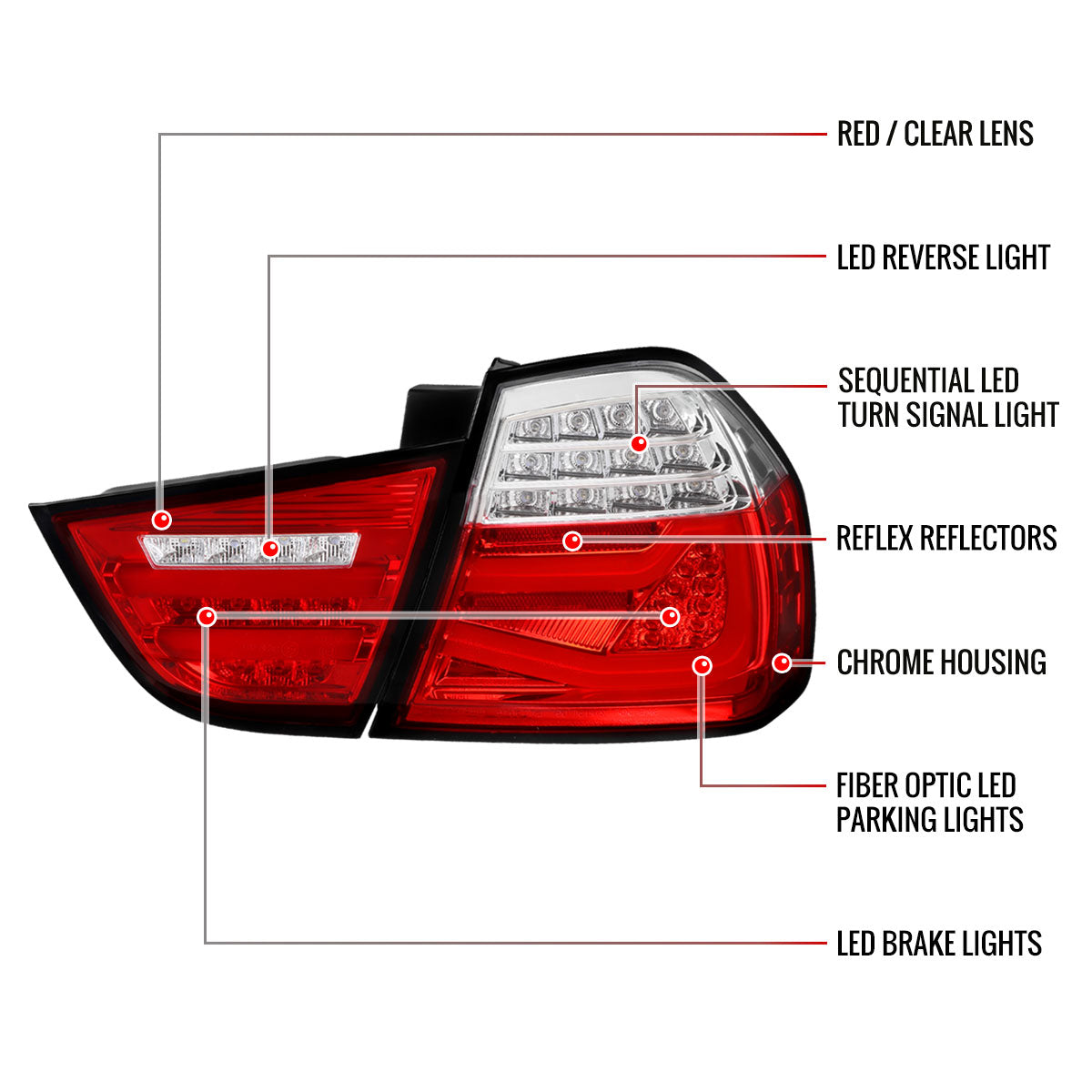 2009-2011 BMW E90 3-Series 4Dr Sedan Red LED Tail Light (Chrome Housing/Red Clear Lens)