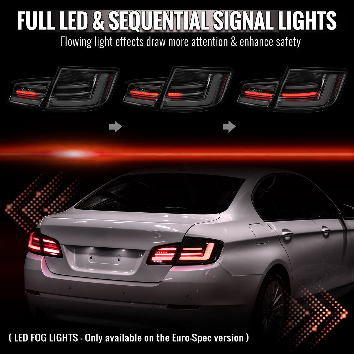 2011-2013 BMW 5 Series F10 Sedan Full LED Tail Lights with Sequential Turn Signal (Glossy Black Housing/Smoked Lens) - view 2
