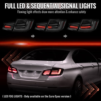 2011-2013 BMW 5 Series F10 Sedan Full LED Tail Lights with Sequential Turn Signal (Glossy Black Housing/Smoked Lens) - view 2