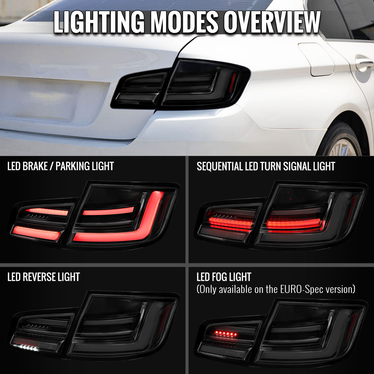 2011-2013 BMW 5 Series F10 Sedan Full LED Tail Lights with Sequential Turn Signal (Glossy Black Housing/Smoked Lens) - view 7