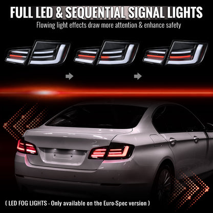 2011-2013 BMW 5 Series F10 Sedan Full LED Tail Lights with Sequential Turn Signal (Matte Black Housing/Clear Lens) - view 2