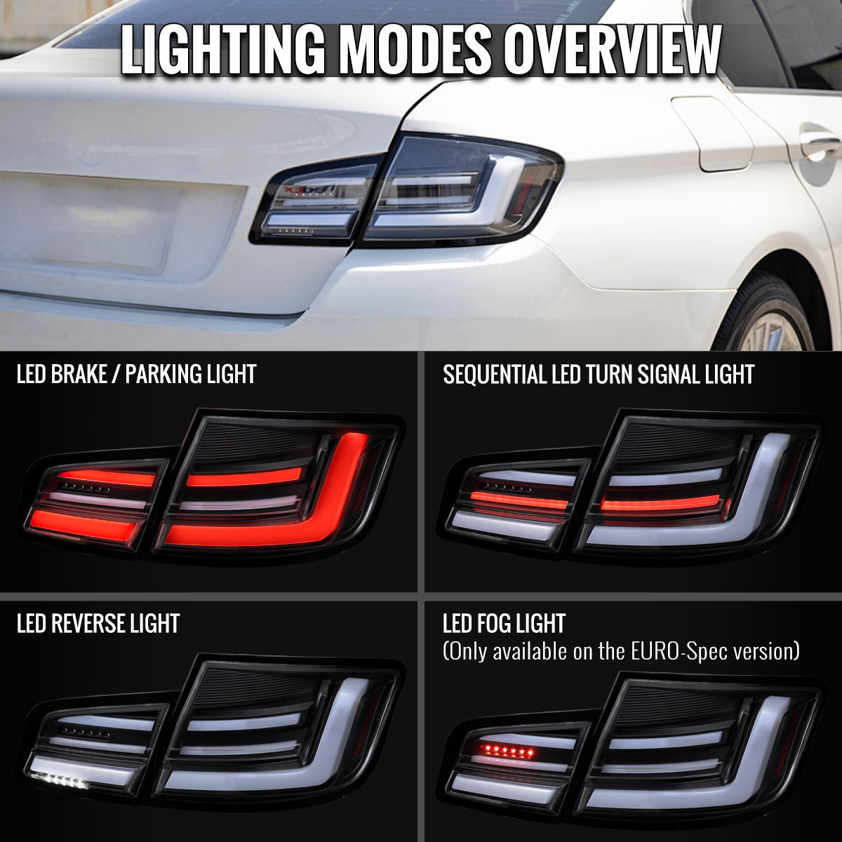 2011-2013 BMW 5 Series F10 Sedan Full LED Tail Lights with Sequential Turn Signal (Matte Black Housing/Clear Lens) - view 7