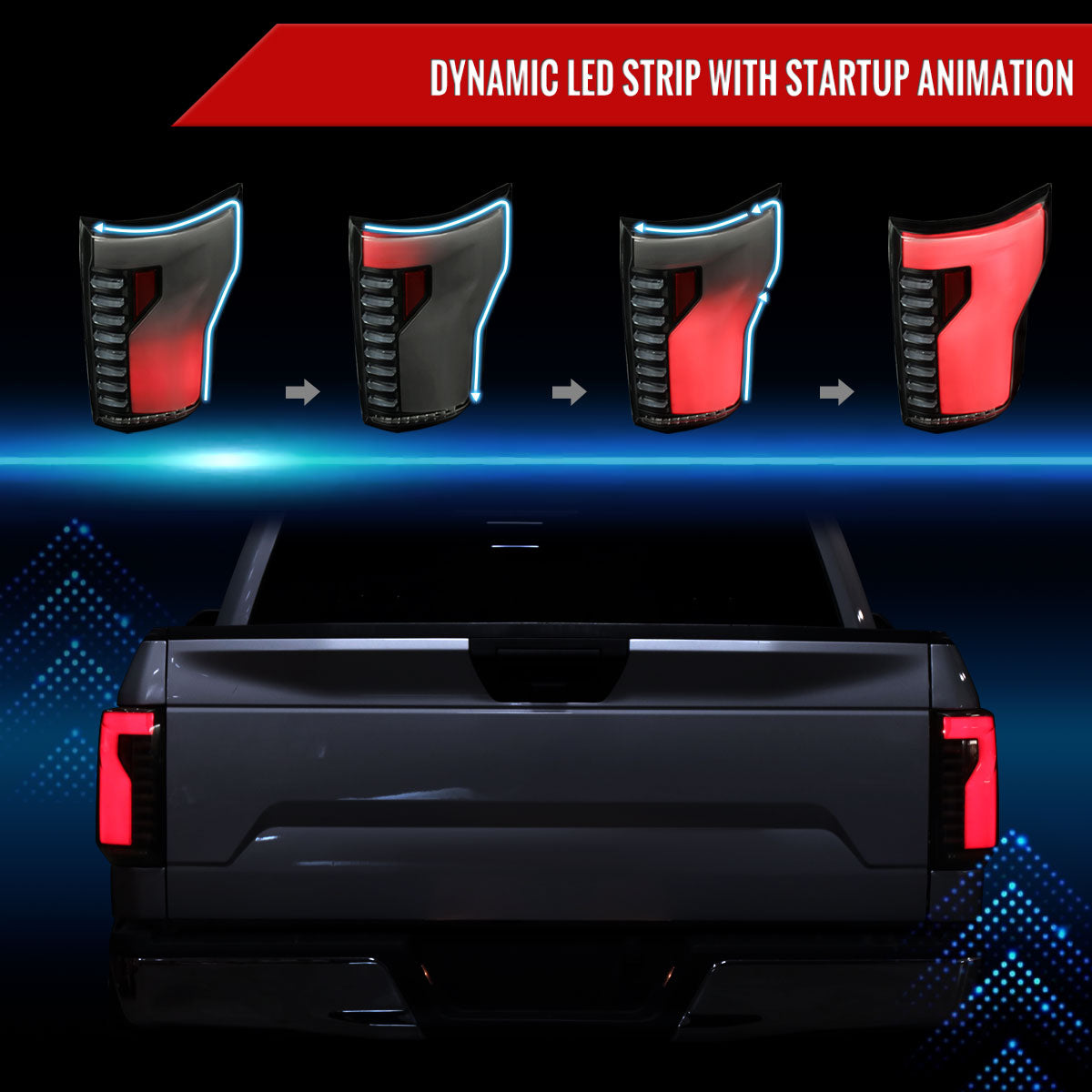 2015-2017 Ford F-150 Sequential Turn Signal Animated White LED Bar Tail Lights (Black Housing/Smoked Lens)