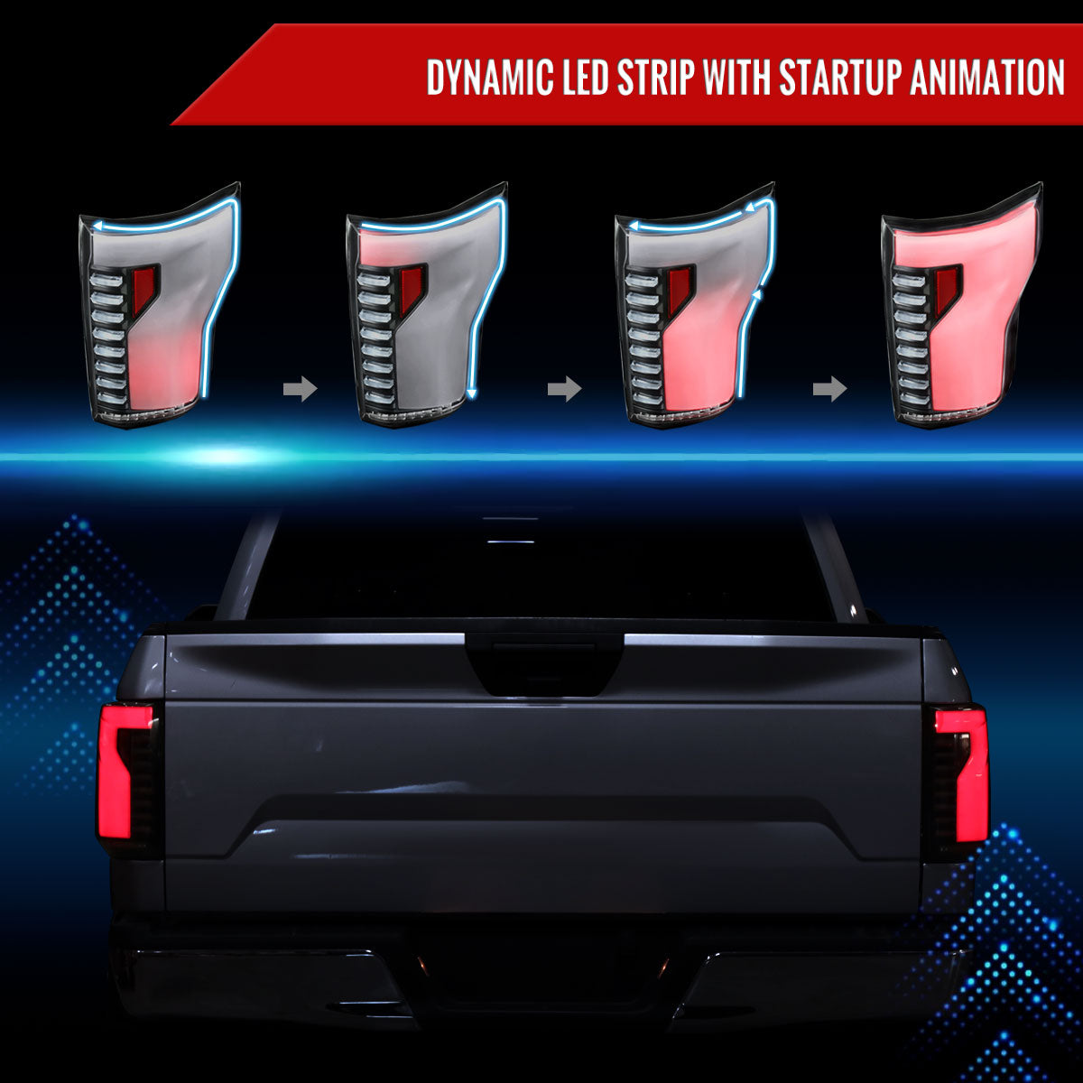 2018-2020 Ford F-150 Sequential Turn Signal Animated White LED Bar Tail Lights (Matte Black Housing/Clear Lens)