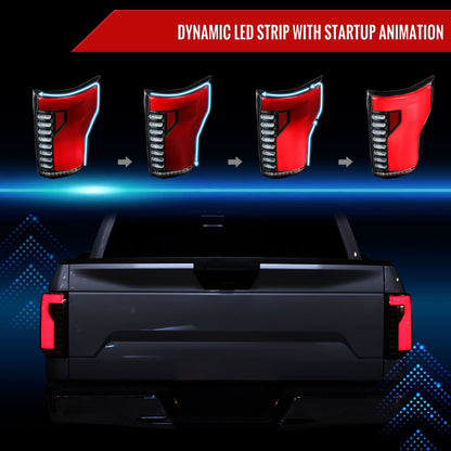 2018-2020 Ford F-150 Sequential Turn Signal Animated Red LED Bar Tail Lights (Matte Black Housing/Clear Lens)