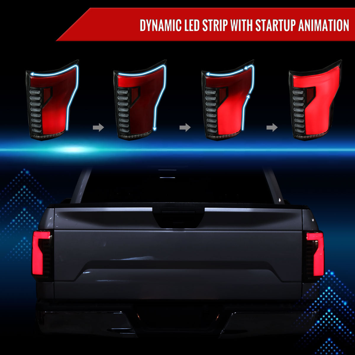 2018-2020 Ford F-150 Sequential Turn Signal Animated Red LED Bar Tail Lights (Black Housing/Smoked Lens)