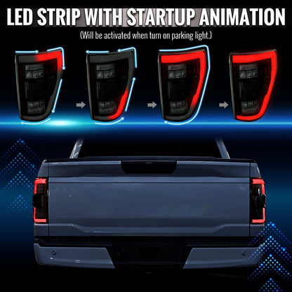 2021??2023 Ford F-150 LED Tail Lights w/ Switchback Sequential Turn Signals (Glossy Black Housing / Smoked Lens)
