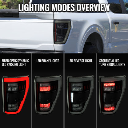 2021??2023 Ford F-150 LED Tail Lights w/ Switchback Sequential Turn Signals (Glossy Black Housing / Smoked Lens)
